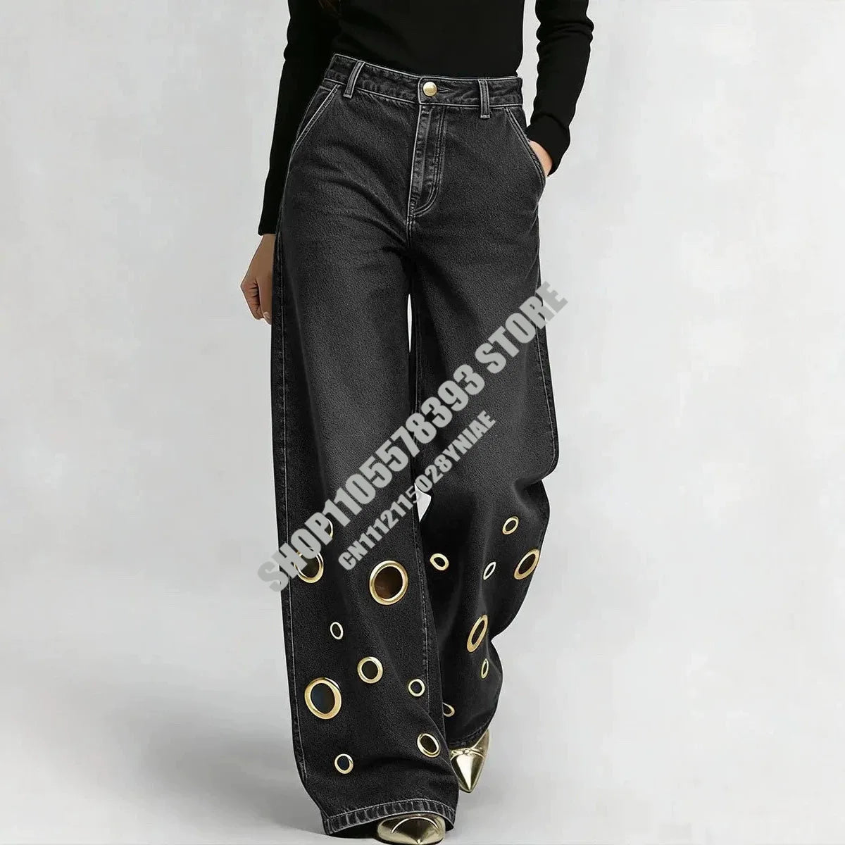 American High Street Straight Leg Jeans Women Metal Ring Hollow Long Jeans Autumn Casual High Waist Pockets Baggy Denim Pants