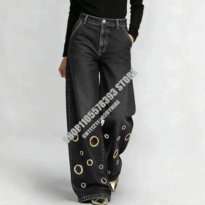 American High Street Straight Leg Jeans Women Metal Ring Hollow Long Jeans Autumn Casual High Waist Pockets Baggy Denim Pants
