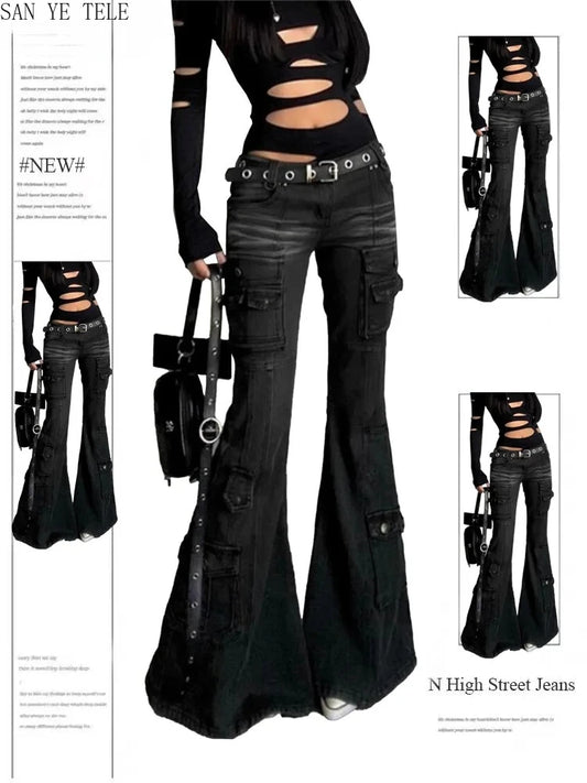 Retro Multi Pocket Y2K Flared Pants Women's Black Low Waisted Denim Cargo Jeans Gothic Stretch Slim Spicy Girl Workwear Trousers