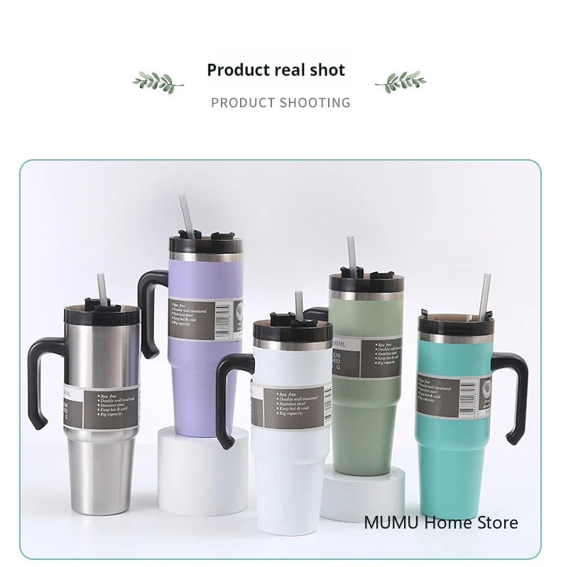 Stainless Steel Car Thermos Bottle Travel Sports Water Bottle Large Capacity with Handle Straw Mug Outdoor Coffee Cup 20oz/30oz