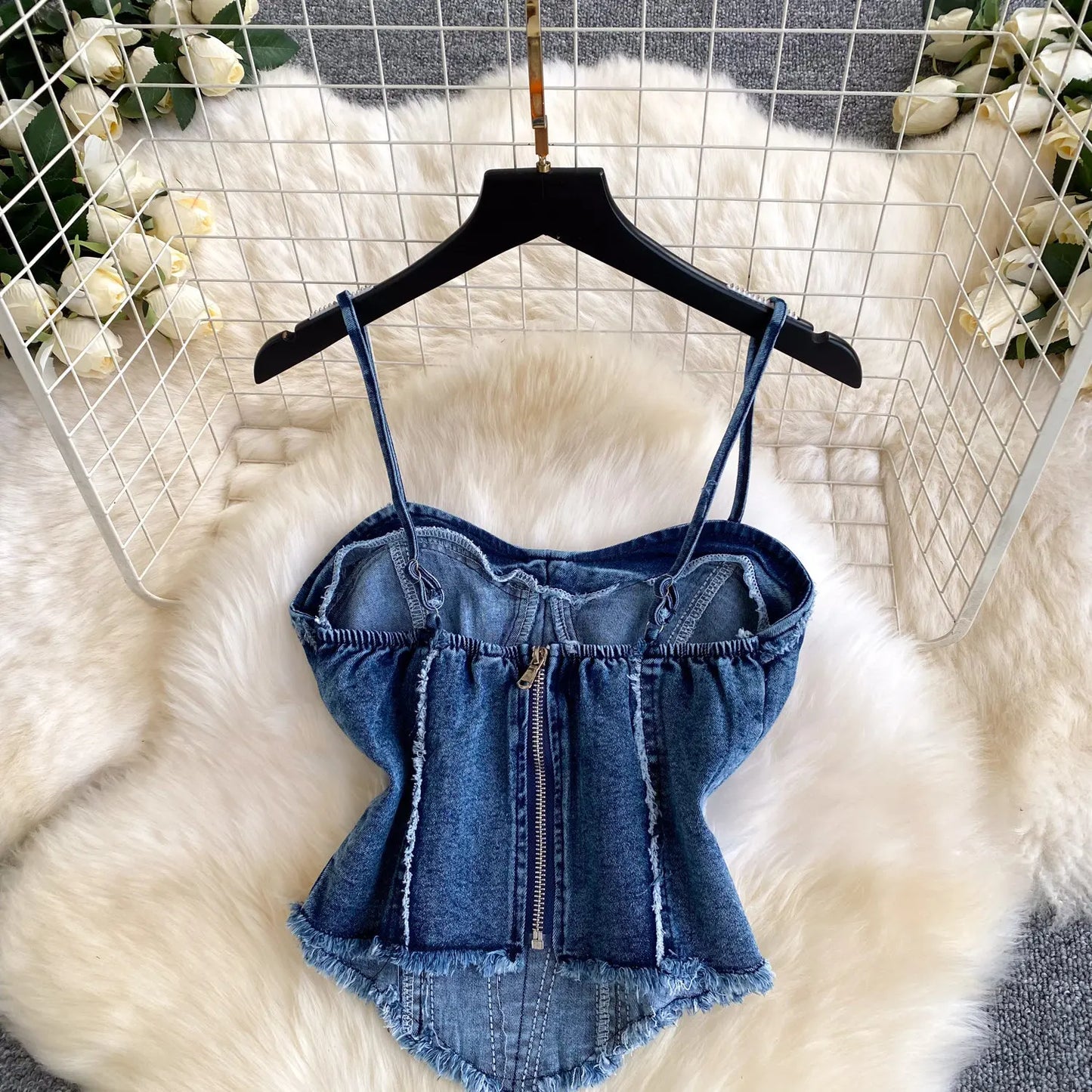 Two Pieces Women Pant Set Denim Matching Set Solid Camisole Sleeveless Top Zipper Fly Empire Waist Full Length Pants 2026 Summer