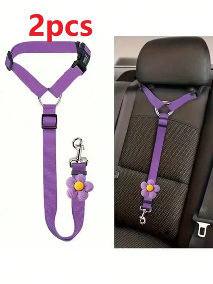 Solid Color Two-in-one Pet Car Seat Belt Nylon Lead Leash Backseat Safety Belt Adjustable Dogs Harness Collar Pet Accessories