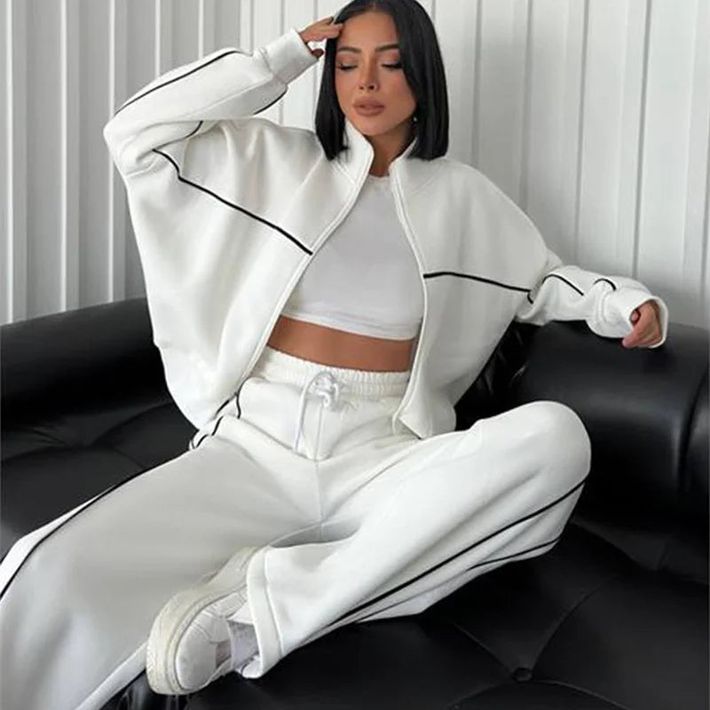 Sweatshirt Two-piece Suit Women's Oversize Striped Casual Sports Sets Zipper-up Short Jacket Straight Trousers 2-piece Sets