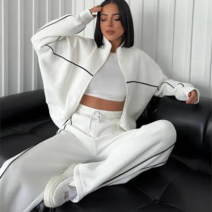 Sweatshirt Two-piece Suit Women's Oversize Striped Casual Sports Sets Zipper-up Short Jacket Straight Trousers 2-piece Sets