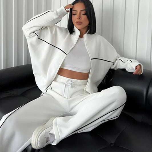 Sweatshirt Two-piece Suit Women's Oversize Striped Casual Sports Sets Zipper-up Short Jacket Straight Trousers 2-piece Sets