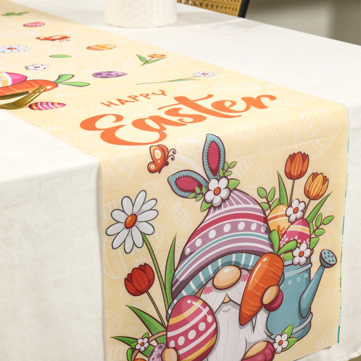 Easter Bunny Polyester Table Runner Happy Easter Decorations for Home Rabbit Butterfly Table Cloth Easter Party Supplies