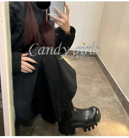 Retro Chelsea Mid-Calf for Women  New round Toe Muffin Gear Platform Black Mid-Calf Length Motorcycle Boots