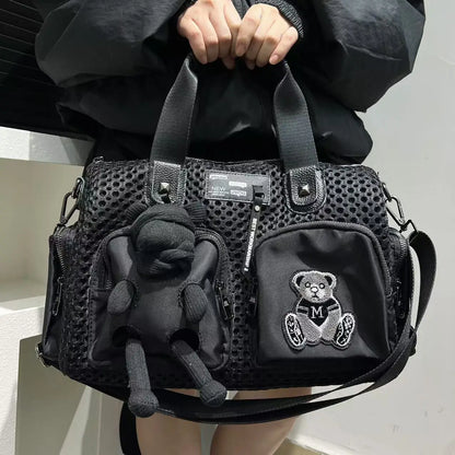 Ladies' fashionable mesh splicing casual handbag with multiple pockets, teddy bear doll, single shoulder diagonal cross bag