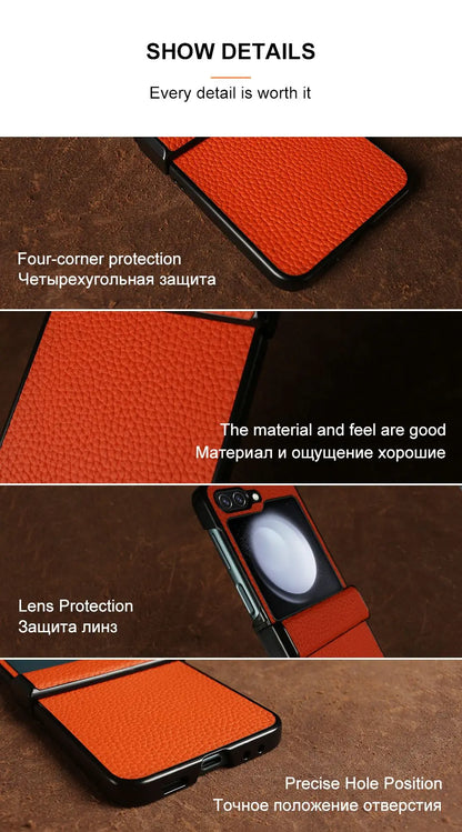Luxury Hand Crafted Genuine Leather Case For Samsung Galaxy Z flip5 Phone Cover Galaxy Z Flip 3 flip4  Back Shell Coque Capa