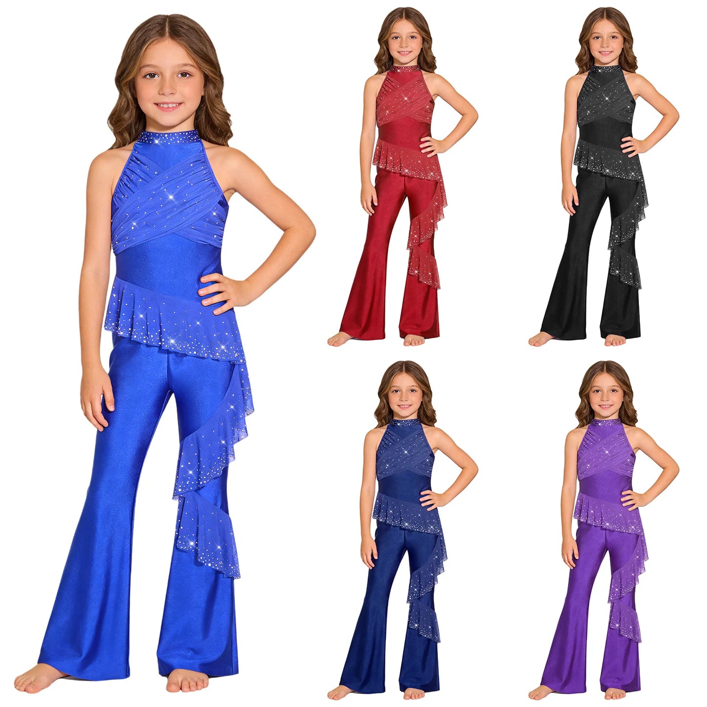 Kids Girls Figure Skating Jumpsuit Ballet Gymnastics Acrobatics Dance Leotard Sleeveless Shiny Rhinestones Ruffles Mesh Bodysuit