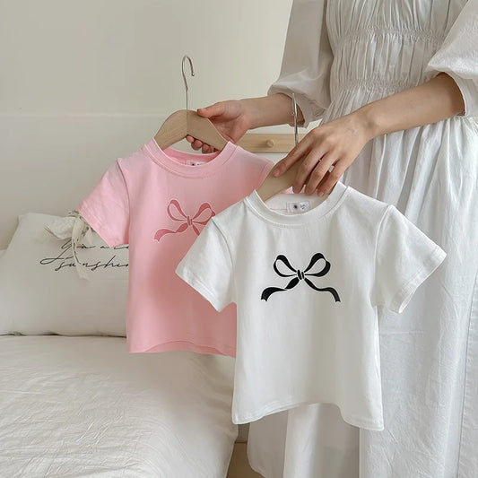 YBFSKID Summer Children Girl Short Sleeve T-shirt Bow Toddler Kid Girl T-shirt Top Baby Girl Casual Tee Trendy Top For 1-8T Girl