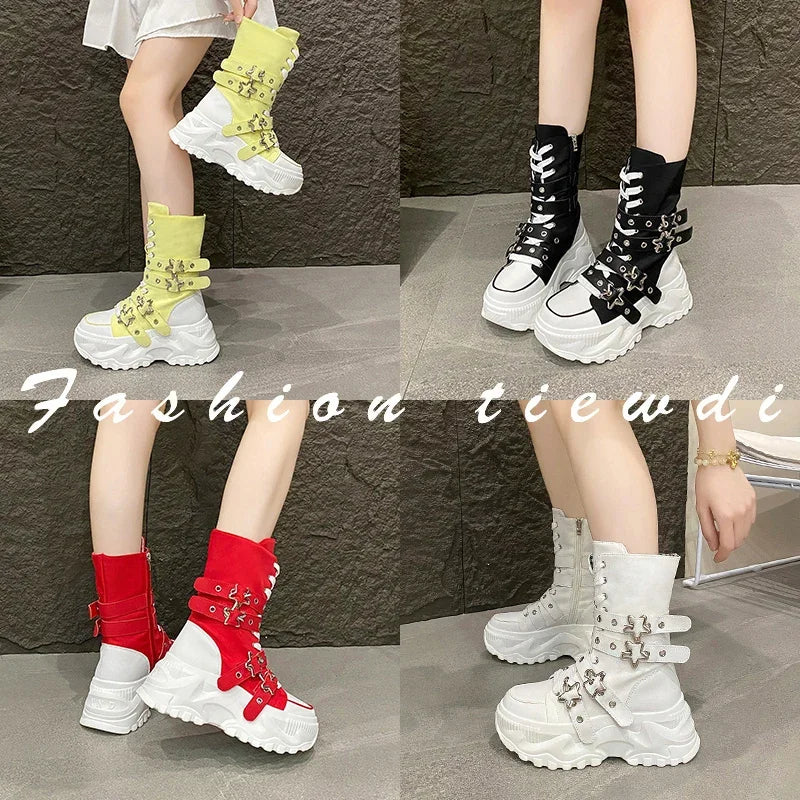 New Rock Platform Y2K Boots Women Summer 2026 Gothic Metal Star Belt Buckle Thick Sole Mid Calf Boots Woman Designer Punk Shoes