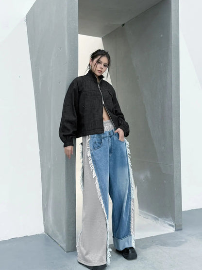 NYFS Europe United States Patchwork Loose plus Size Women's Jeans Elastic Waist Trousers Autumn Fashion Denim Wide-leg pants
