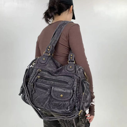 Y2K Street Personalized Women's Multi Pocket Shoulder Bag Large Capacity Retro Motorcycle Tote Bag