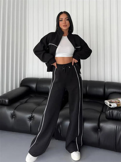 Sweatshirt Two-piece Suit Women's Oversize Striped Casual Sports Sets Zipper-up Short Jacket Straight Trousers 2-piece Sets