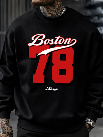 Boston Number 78 Printed Men Sweatshirt Casual Hip Hop Pullovers Vintage Oversized Crewneck Clothes Fleece All-Match Tops