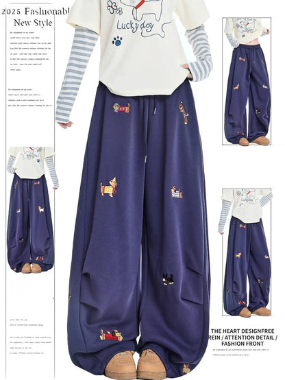 Fashion Y2K Baggy Pants Women's Cartoon Embroidery Loose Wide Leg Jeans Streetwear Aesthetic Casual Trousers