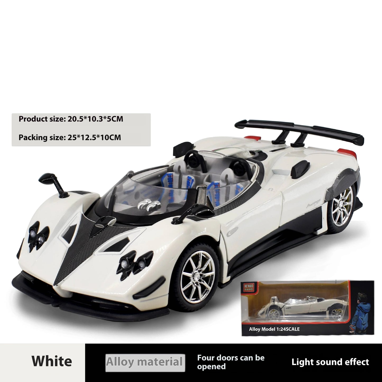 Simulated Super Sports 1:24 Car Zonda Alloy Car Model, Sound and Light Ornaments, Car Collection Toy Gift