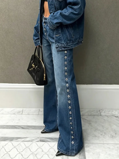 SHENGPALAE European And American Style Single-sided Multi Button Straight Leg Jeans For Women 2026 New