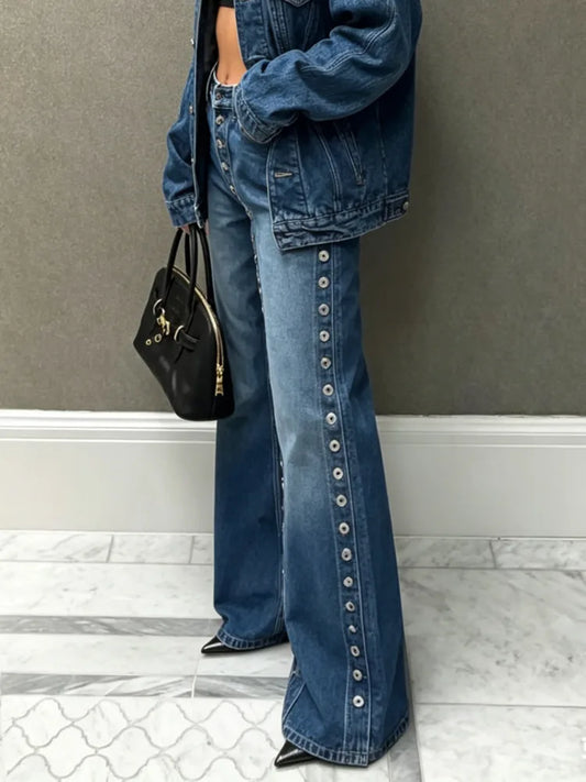 SHENGPALAE European And American Style Single-sided Multi Button Straight Leg Jeans For Women 2026 New