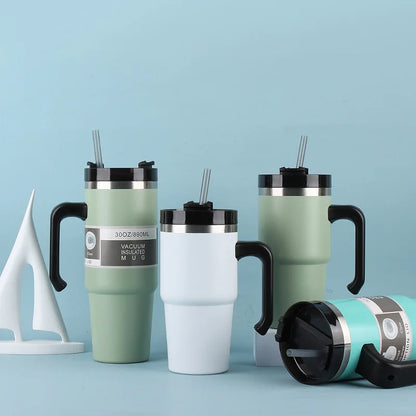 Stainless Steel Car Thermos Bottle Travel Sports Water Bottle Large Capacity with Handle Straw Mug Outdoor Coffee Cup 20oz/30oz