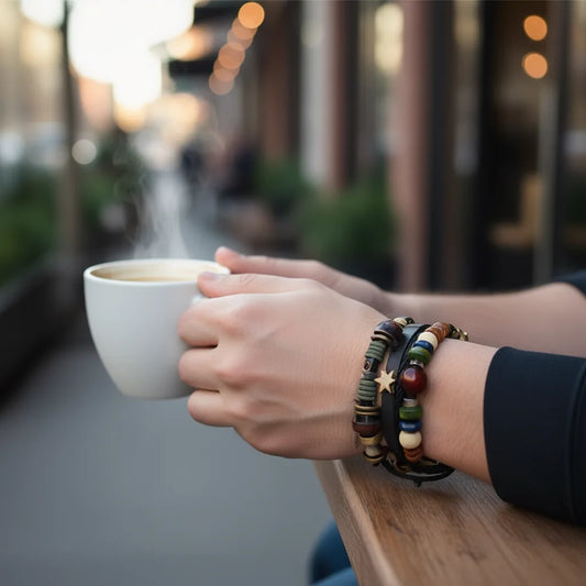 Adjustable 2026 Trendy Musical Note Wood Beads Niche Design Leather Gypsy Hippie Bracelet Vintage Rope Layered Bracelet