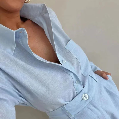 New Women's Long Sleeve 2-Piece Set Casual Button Detail Shorts Outfit Shirt Top Summer Fashion Female Suit Y2k Clothing