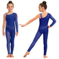 Kids Girls Ballet Dance Gymnastics Leotard Shiny Rhinestones Mesh Asymmetrical Jumpsuit for Figure Skating Acrobatic Performance