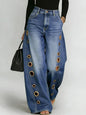Missuoo Women's 2026 New Washed Blue High-Waist Metal Grommet Wide Leg Jeans, Casual Loose Fit Streetwear Pants for Daily Wear