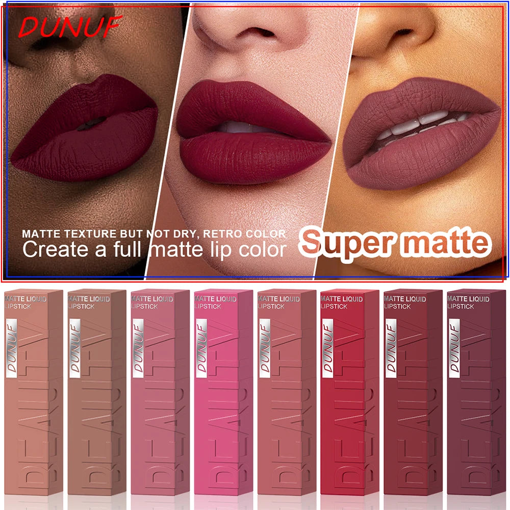 DUNUF  8-color matte velvet smooth easy-to-apply square tube lip gloss waterproof three-dimensional plumping lipstick