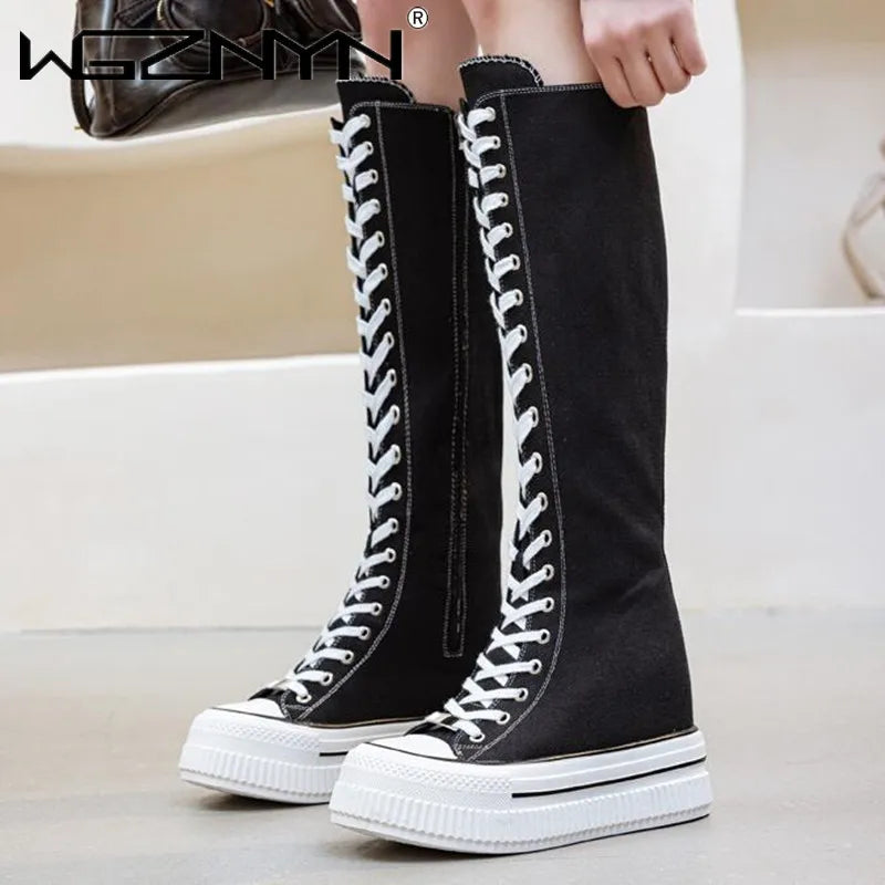 NEW Luxury Platform Boots Women Canvas Casual High Top Shoes Long Boot Lace-Up Zipper Comfortable Flat Sneakers Tenis Feminino