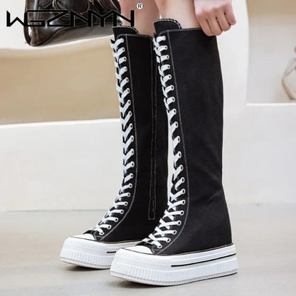 NEW Luxury Platform Boots Women Canvas Casual High Top Shoes Long Boot Lace-Up Zipper Comfortable Flat Sneakers Tenis Feminino