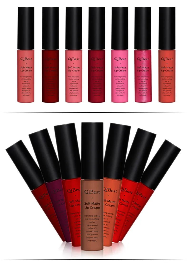QIBEST Matte Liquid Lipstick Waterproof Lasting Velvet Lip Gloss Tint Tube Nude Pigment Red Black Purple Orange Lipsticks Makeup