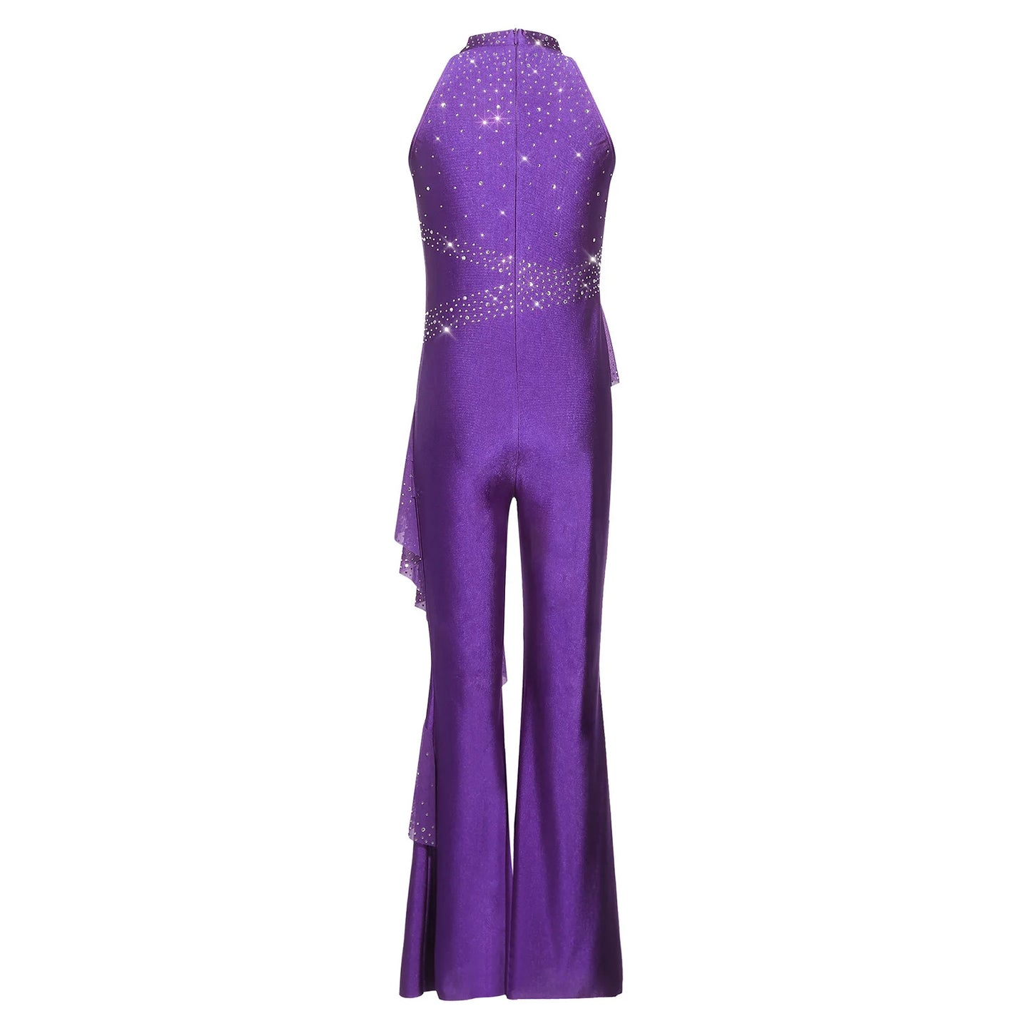 Kids Girls Figure Skating Jumpsuit Ballet Gymnastics Acrobatics Dance Leotard Sleeveless Shiny Rhinestones Ruffles Mesh Bodysuit