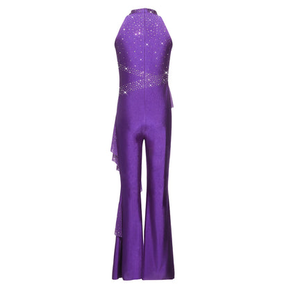 Kids Girls Figure Skating Jumpsuit Ballet Gymnastics Acrobatics Dance Leotard Sleeveless Shiny Rhinestones Ruffles Mesh Bodysuit