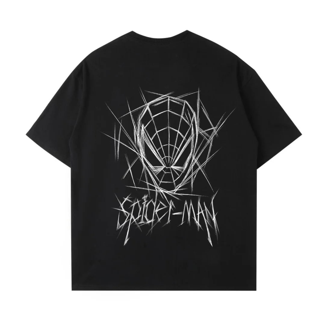 Spider Man New 2026 Back Print Graffiti Line Art T Shirt Men Women Summer Cotton Short Sleeve O Neck Oversized Black Streetwear Tops