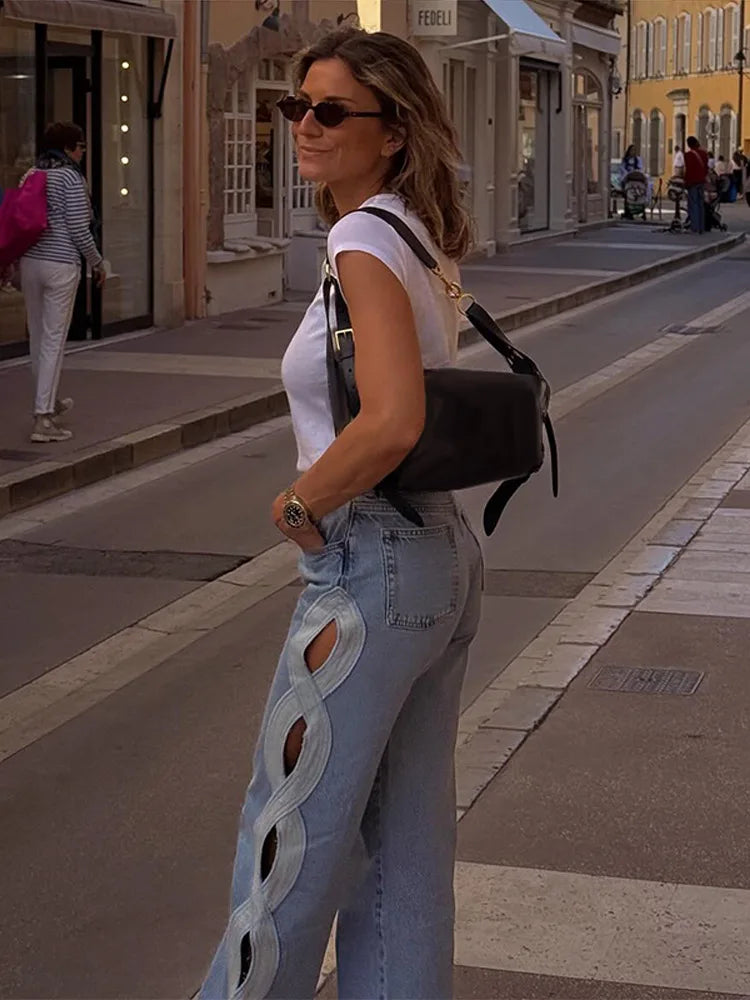 Y2k Vintage Women Jeans Hollow Out Solid Wide Leg Denim Pant Fashion All-match Lady Streetwear Summer Office Commute 2026