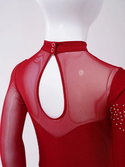 Kids Girls Ballet Dance Gymnastics Leotard Figure Skating Acrobatics Yoga Bodysuit Long Sleeve Shiny Rhinestone Mesh Jumpsuit