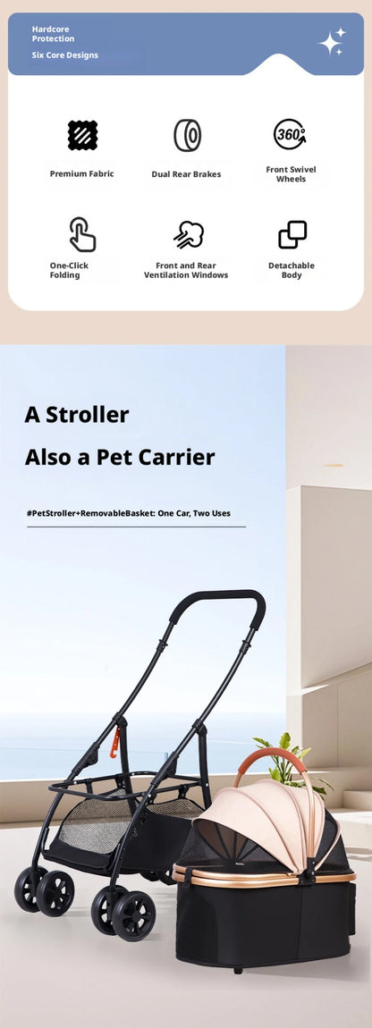 Pet Stroller 2-in-1 Detachable with Removable Lightweight Carrier Basket One-Click Fold 4-Wheel Dog Cat Trolley Breathable Mesh Windows Large Storage Space for Small Medium Pets