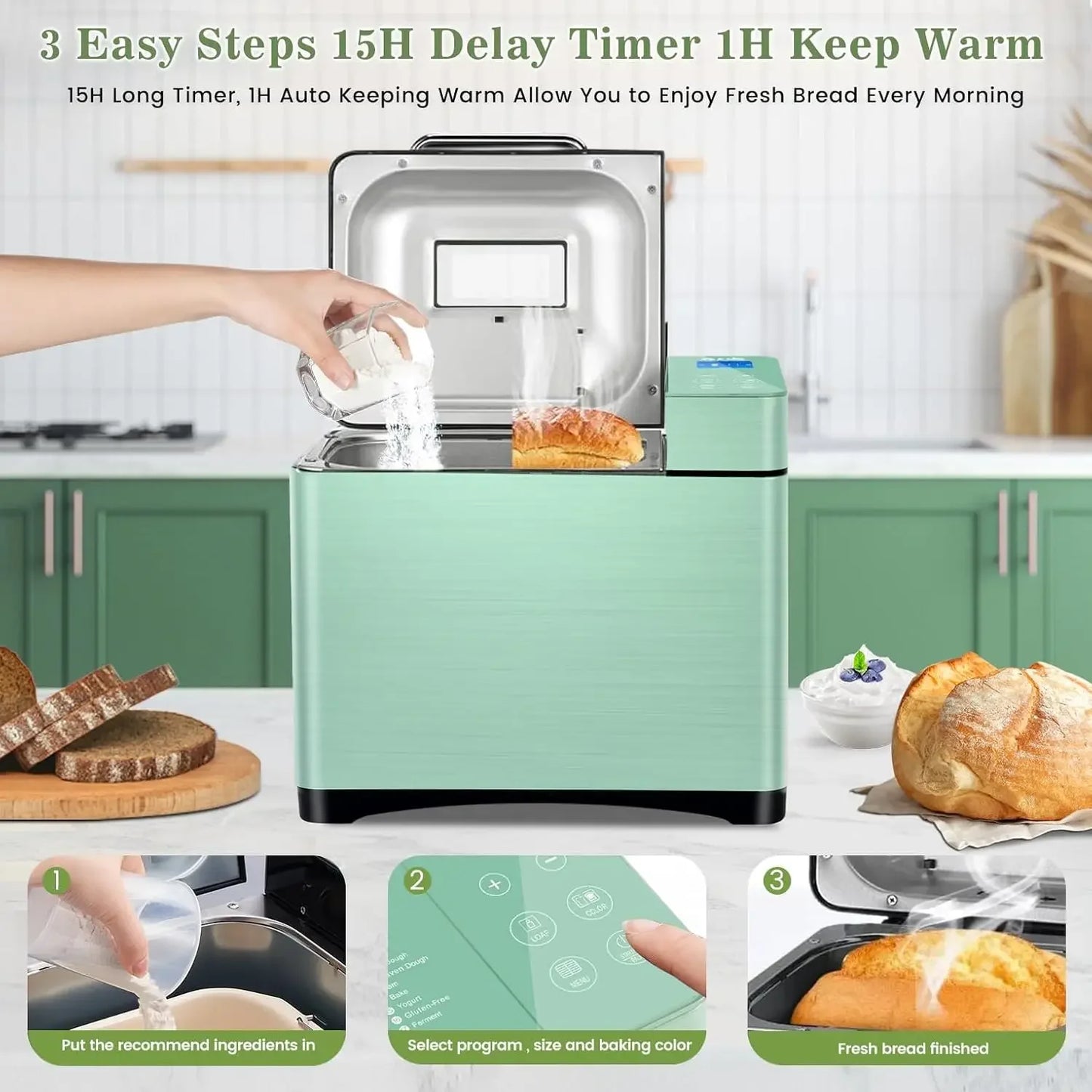 Bread Maker 2.2LB with Dual Heaters, 710W Convection Bread Machine with Ceramic Pan & Auto Nut Dispenser, 17-in-1 Stainless