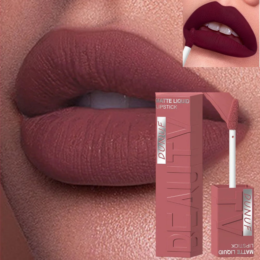 DUNUF  8-color matte velvet smooth easy-to-apply square tube lip gloss waterproof three-dimensional plumping lipstick