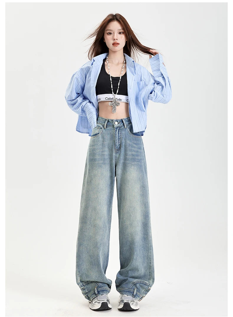 Ins Fashion American Retro Baggy High Waisted Jeans Woman High Street Denim Pants Reversible Trousers Streetwear Y2K Loose Jeans