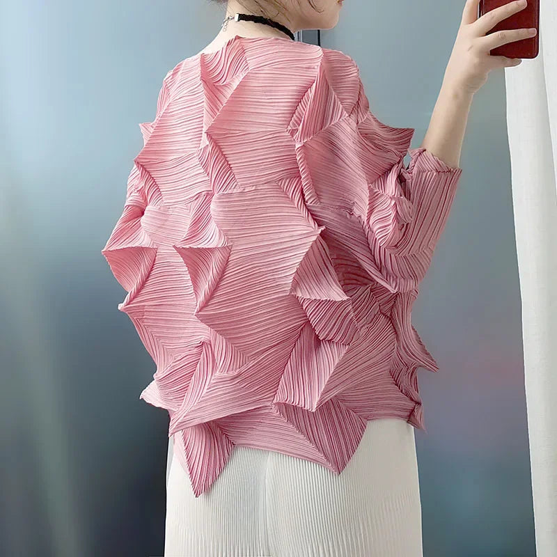 Diamond Pleated Top 8161 Artistic Raglan Sleeve Crew Neck T-Shirt  Spring Summer Fashionable Pleated Des