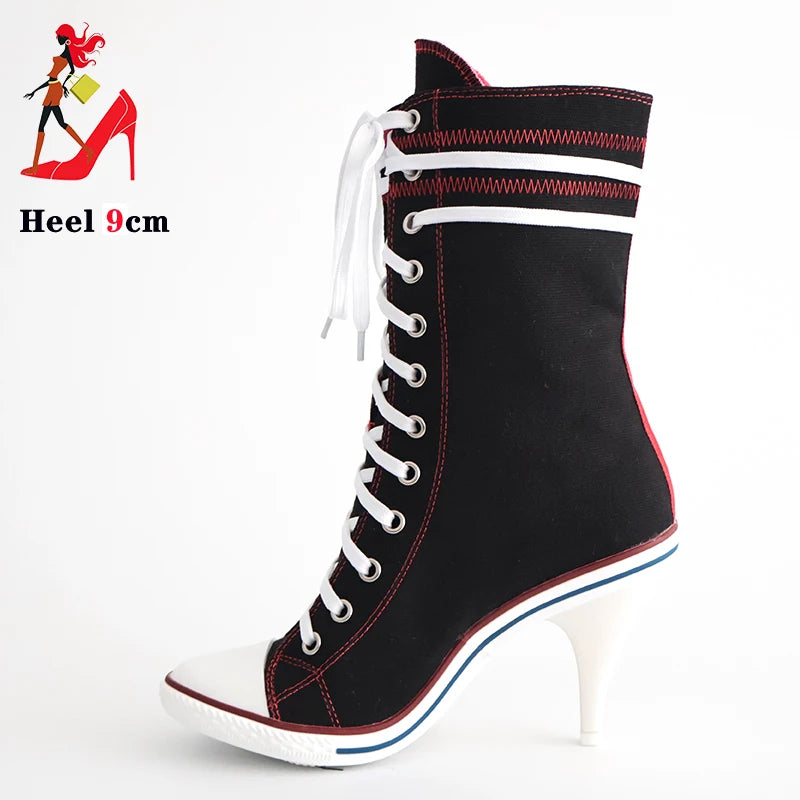 .Women Boots Design Stiletto High Heel Canvas Shoes Fashion Lady Lace up Pointed Ankle Shoes Sexy High-heeled Thin Heel Boot