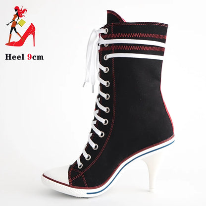 .Women Boots Design Stiletto High Heel Canvas Shoes Fashion Lady Lace up Pointed Ankle Shoes Sexy High-heeled Thin Heel Boot