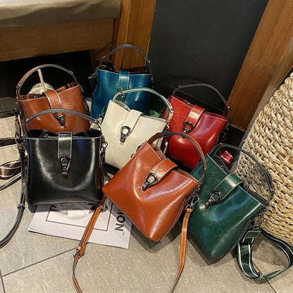Real Cowhide Leather Women's New Bucket Bag Lady Fashion Single Shoulder Messenger Bag Versatile Handbag Casual Crossbody Bags