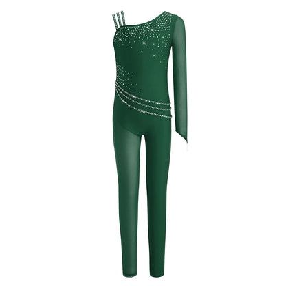Kids Girls Ballet Dance Gymnastics Leotard Shiny Rhinestones Mesh Asymmetrical Jumpsuit for Figure Skating Acrobatic Performance