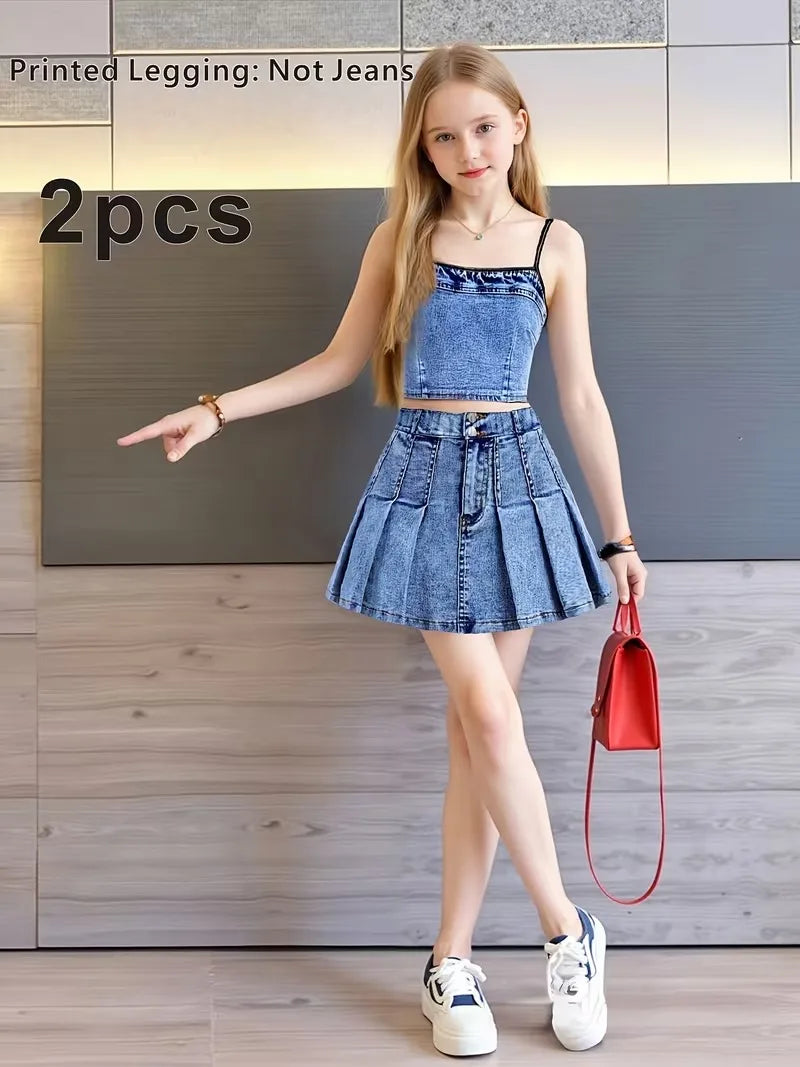 Girls 2-Piece Faux Denim Outfit – Denim Print Cami Crop Top & Pleated Mini Skirt Set (Non-Denim Fabric)