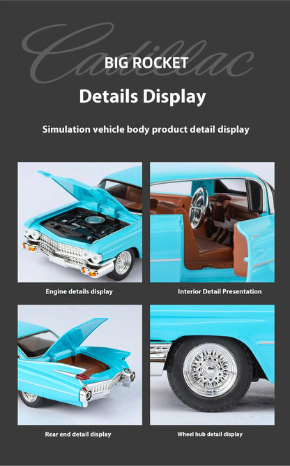 Cadillac Eldorado 1959 Metal Diecast Retro Car Model 1/24 Scale Sound and Light Back Pull Boy Gift Ornament Halloween Toys