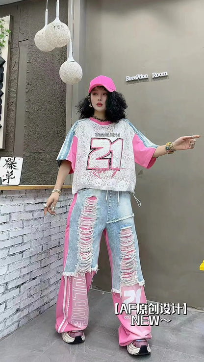 European Trend Suit Women's 2026 Summer New Printed Splicing Denim Ripped Loose Short-sleeved Straight Pants Tide